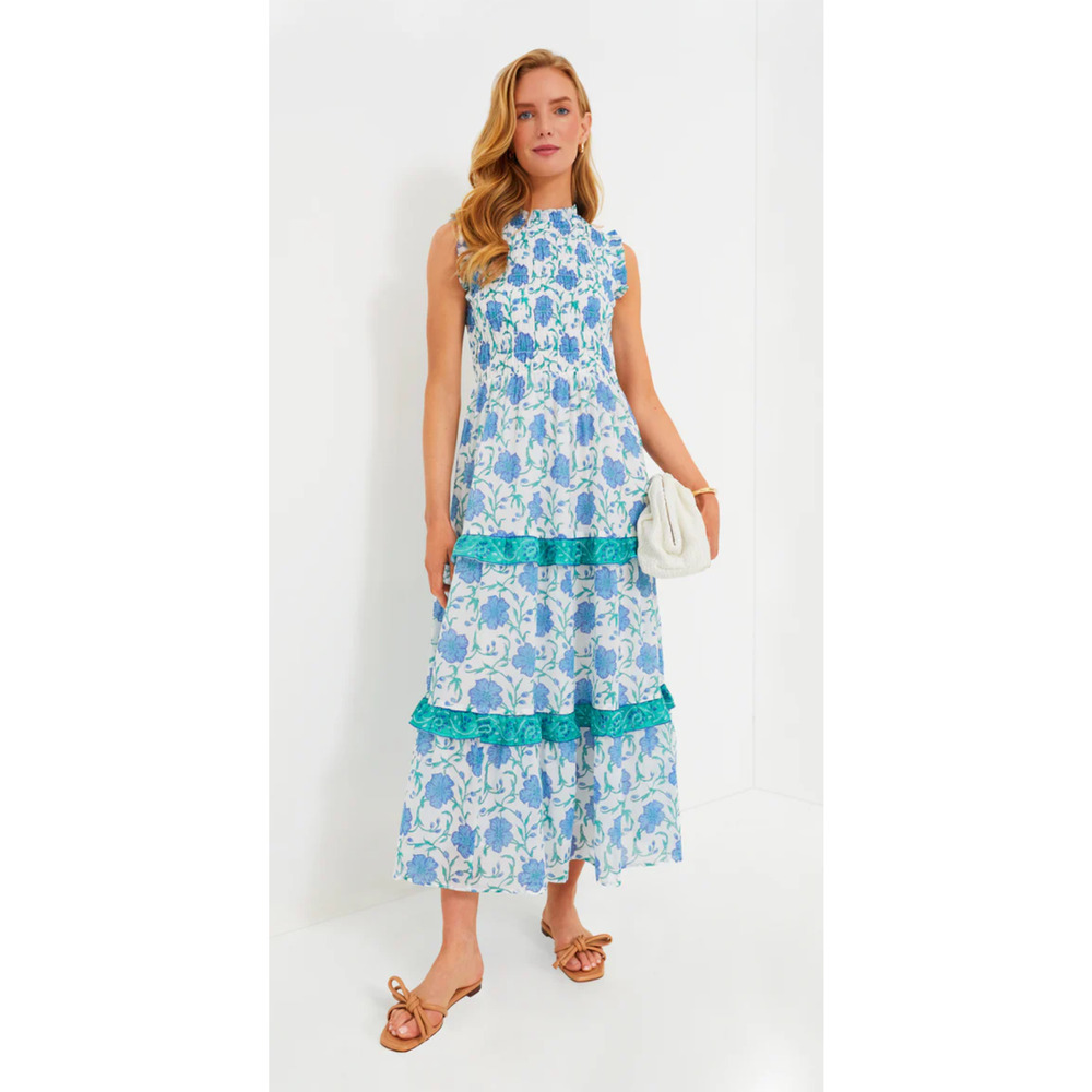 OLIPHANT Tuckernuck Poppy Blue Block Print Sleeveless Smocked Maxi Dress Sm NEW